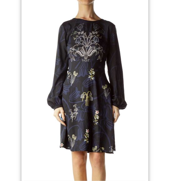 Ann Taylor LOFT Floral Dress Long Sleeve Blue Black Sz 4 Business‎ Work Event - Picture 3 of 15